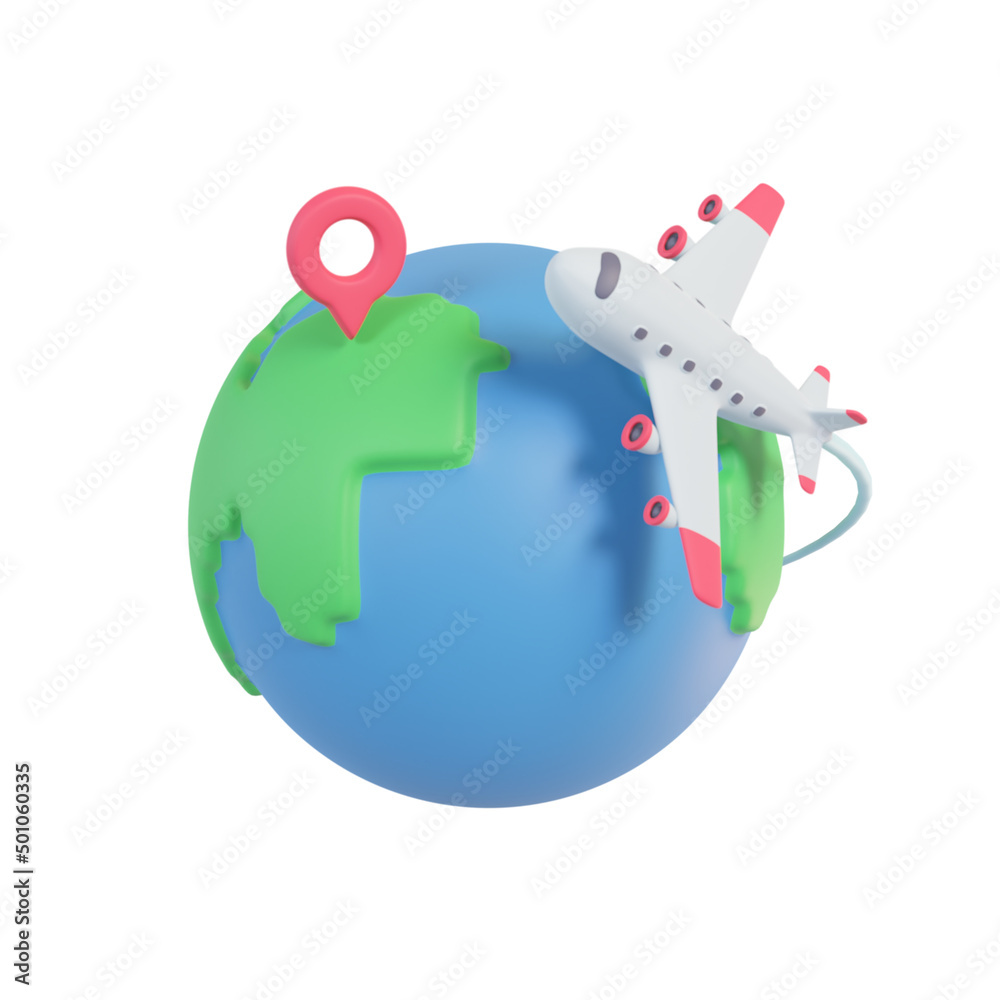 Passenger plane flying around the world. Holiday travel idea. 3D Rendering.