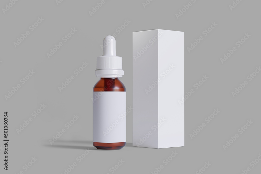 Blank Dropper Bottle Mockup isolated on a grey background.Bottle for nasal or eyes drops with cardboard packaging box mockup. 3d rendering. Blank Dropper Bottle Mockup isolated on a grey background.Bottle for nasal or eyes drops with cardboard packaging box mockup. 3d rendering.