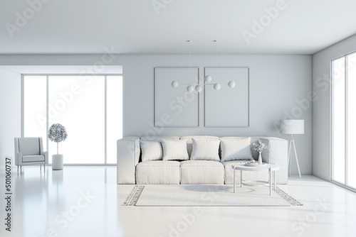 Front view on sunny stylish living room with all-white interior design: big sofa, coffee table on carpet, modern chandelier and armchair near huge window. 3D rendering