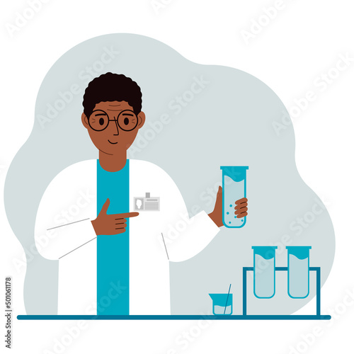 Male scientist with flasks. Experimental scientist, laboratory assistant, biochemistry, chemical, scientific research.