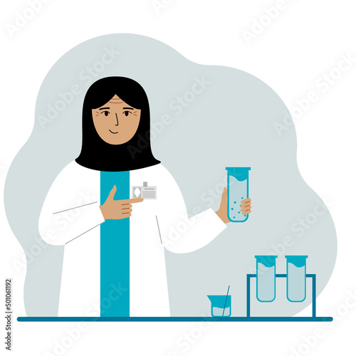 Female muslim scientist with flasks. Experimental scientist, laboratory assistant, biochemistry, chemical, scientific research. © Sunny_baby