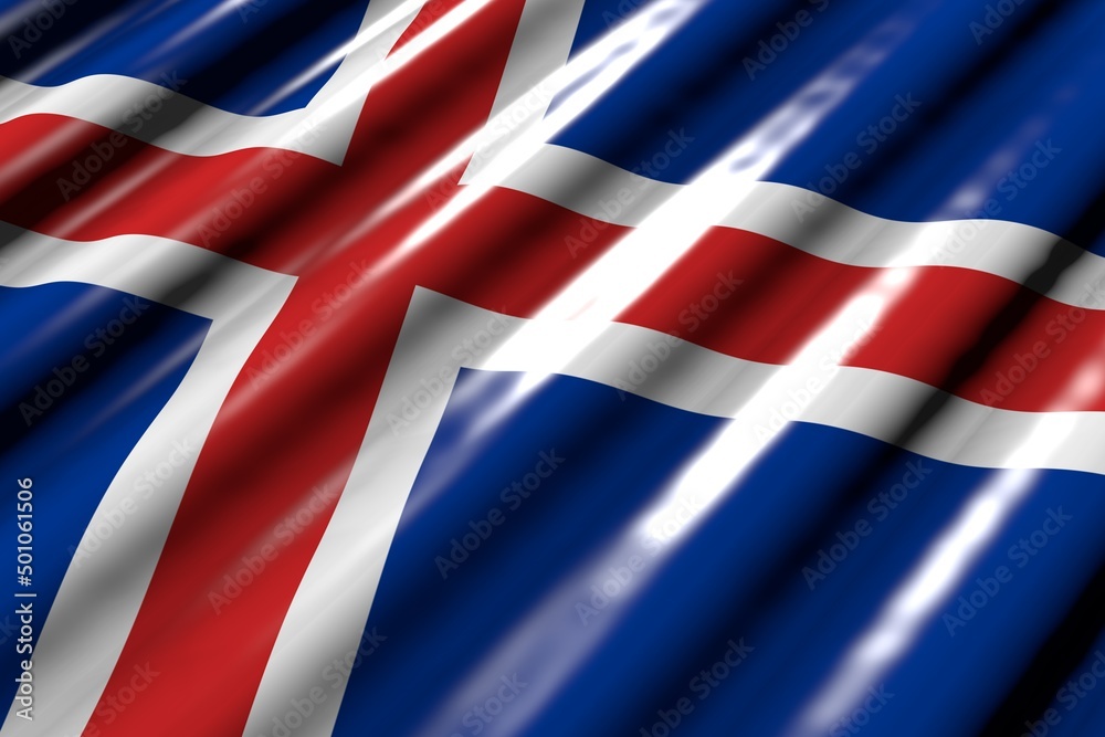 Fototapeta premium cute memorial day flag 3d illustration. - shiny - looking like plastic flag of Iceland with large folds lie in corner