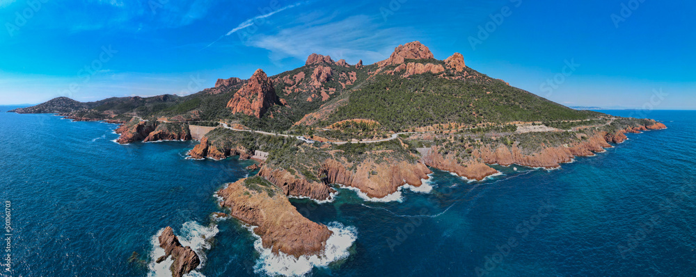 Aerial view of the Massif de L'Esterel and the road to Saint Tropez from Cannes in the French Riviera
