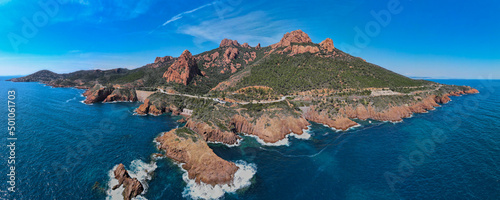 Aerial view of the Massif de L'Esterel and the road to Saint Tropez from Cannes in the French Riviera