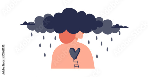 Sad lonely faceless woman without a heart with her head in the rainy clouds. The concept of psychological assistance to adolescents, depressive disorder, psychological problems, childhood trauma. Flat photo