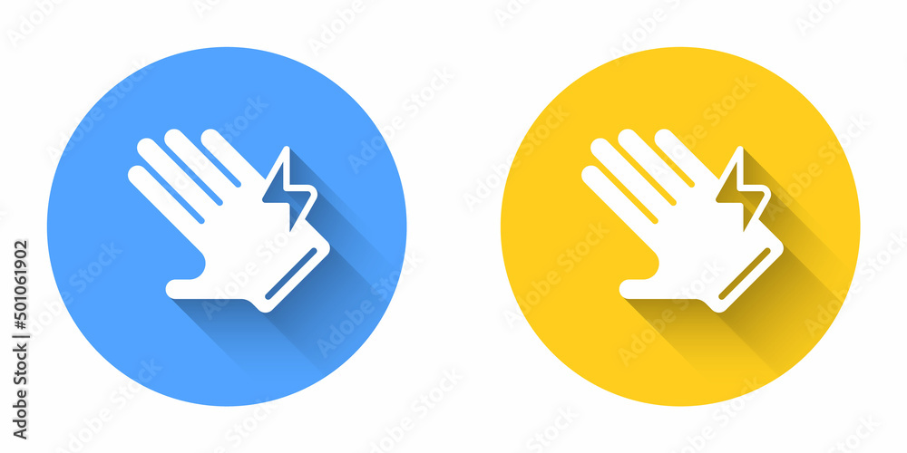 White Electric glove icon isolated with long shadow background. Safety gloves, hand protection. Circle button. Vector White Electric glove icon isolated with long shadow background. Safety gloves, hand protection. Circle button. Vector