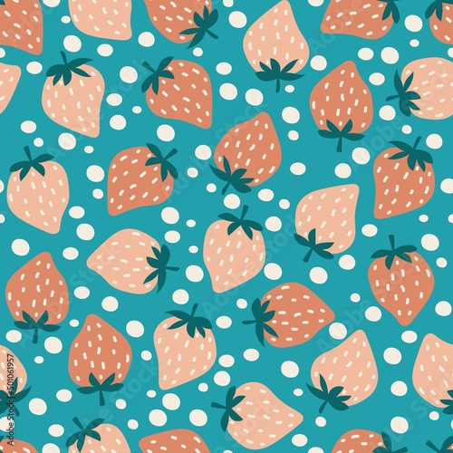 Vector Strawberry colorful pattern on a dark background. Seamless background of Bright, multi-colored garden berries. Cheerful design for textiles, wallpaper and packaging.