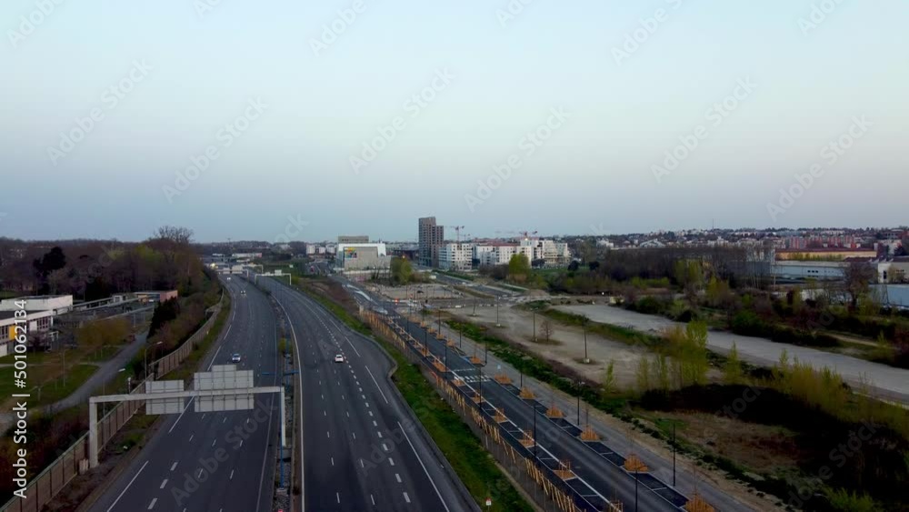 Aerial view of the A62 highway in Toulouse and approaching the new Montaudran park with the Aerial view of the A62 highway in Toulouse and approaching the new Montaudran park with the