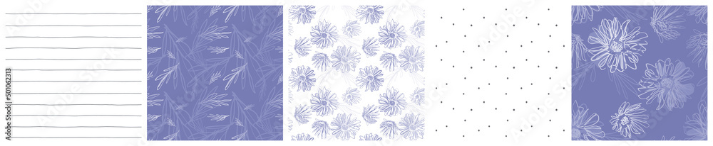 Soft purple floral vector seamless pattern set with metallic gradient effect for gift wrapping, packet, product packaging. Abstract flowers and coordinating spot and line vector designs. 