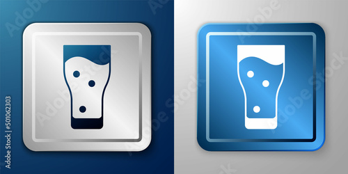 White Glass of beer icon isolated on blue and grey background. Silver and blue square button. Vector