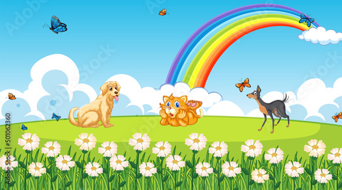 Set of different domestic animals in nature park