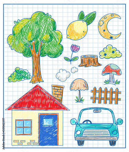 Kids sketch colored in hand drawn style