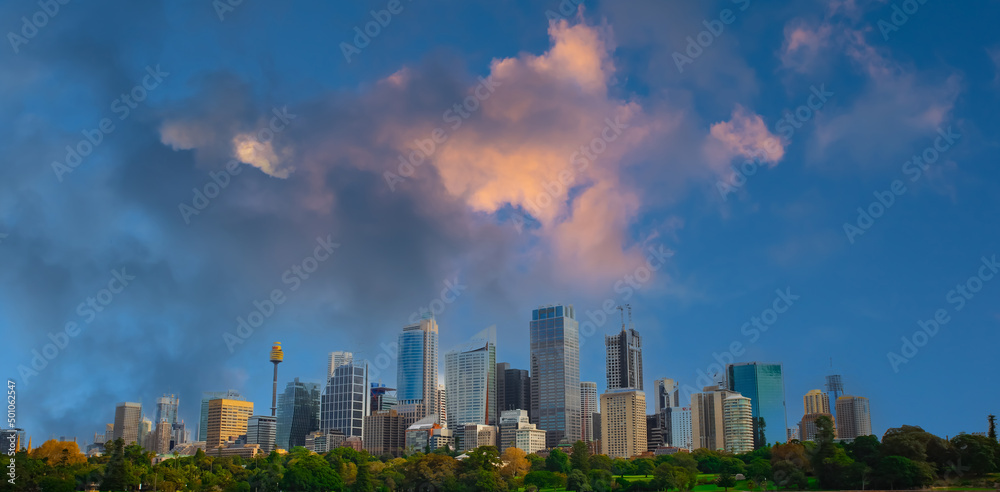 Sydney CBD skyline, residential and commercial buildings on the harbour waters NSW Australia