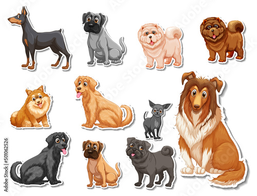 Sticker set of different dogs cartoon