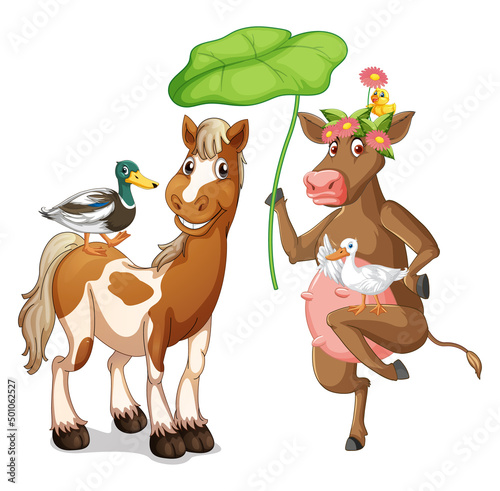 Many farm animals with lotus leaf