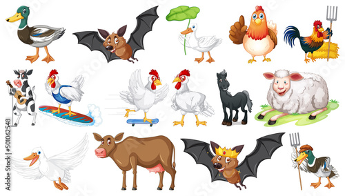 Many farm animals on white background