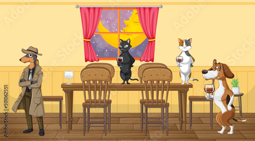 In house scene with dogs drinking wine