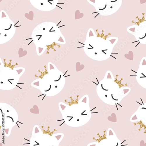 Cute cats seamless pattern, cute white cat head and love. White cats and kittens. Vector illustration on a pink background. Design for scrapbooking, background, fabric and all your creative projects