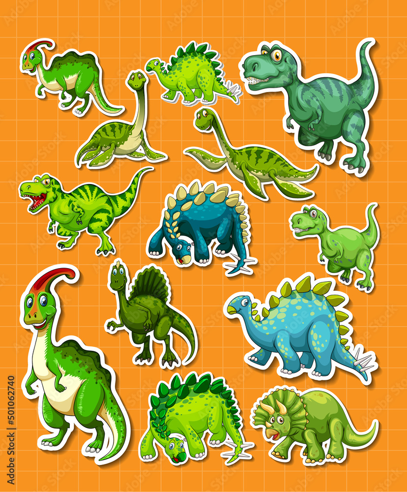 Obraz premium Sticker set of different dinosaur cartoon characters