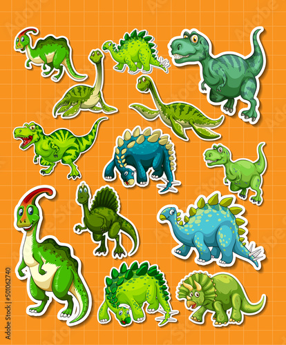 Fototapeta Naklejka Na Ścianę i Meble -  Sticker set of different dinosaur cartoon characters