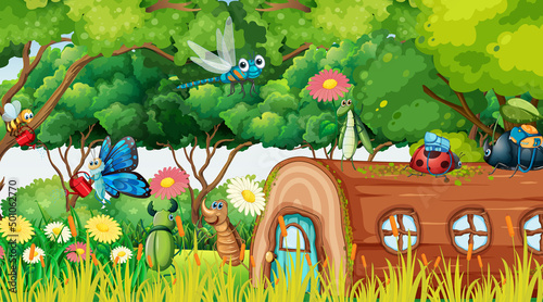Nature scene with cartoon insects