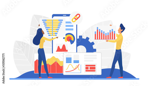 Social media analytics collecting data process. Tracking conversations and measuring marketing campaigns