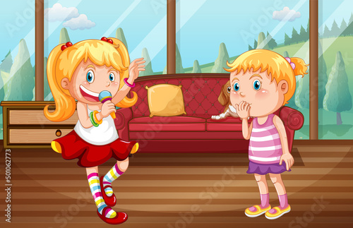 Two girls singing in the room