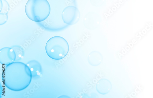 Transparent Blue Soap Bubbles with Copy Space White Background. Soap Suds Bubbles Water