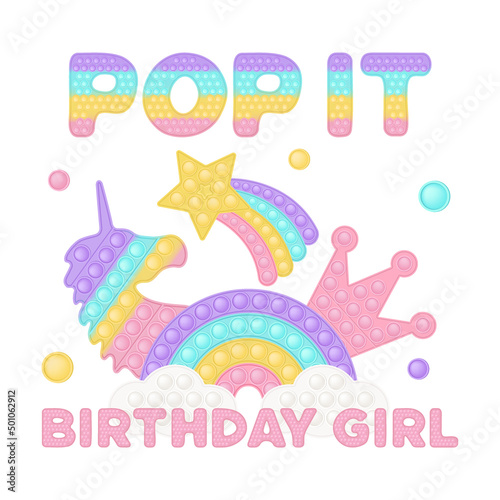 Popit birthday girl sublimation in fidget toy style. Bubble pop it birthday lettering. Pop it t-shirt design as a trendy silicone toy for fidget in pink color. Isolated cartoon vector illustration.