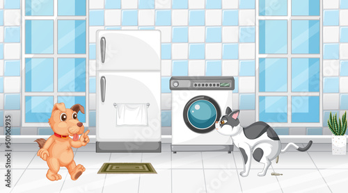 Set of different domestic animals in room