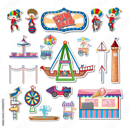 Sticker set of amusement park objects and cartoon characters