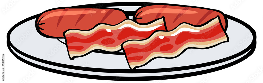 Sausages and bacon slices on plate Sausages and bacon slices on plate