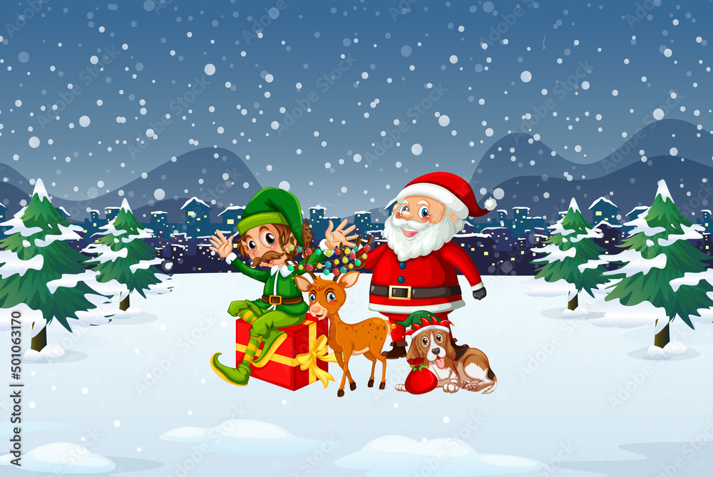 Snowy Christmas night scene with Santa Claus and friends Snowy Christmas night scene with Santa Claus and friends
