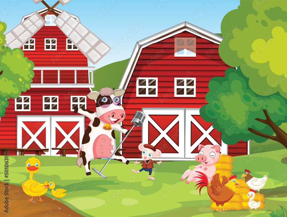 Naklejka premium Farm scene with many animals