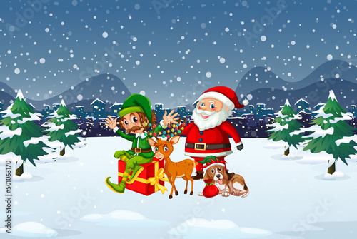 Snowy Christmas night scene with Santa Claus and friends