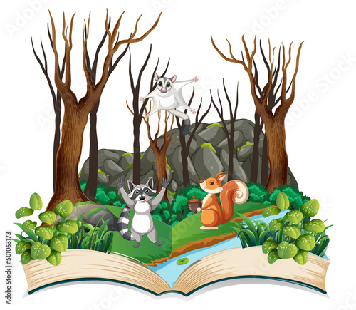 Opened fantasy book with cute animals
