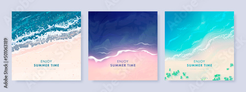 Set of vector landscape background. Beautiful illustration of sandy summer beach. Summer holidays poster or banner design template