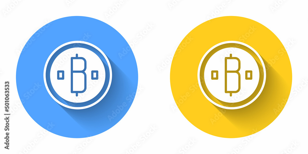 White Cryptocurrency coin Bitcoin icon isolated with long shadow background. Physical bit coin. Blockchain based secure crypto currency. Circle button. Vector White Cryptocurrency coin Bitcoin icon isolated with long shadow background. Physical bit coin. Blockchain based secure crypto currency. Circle button. Vector