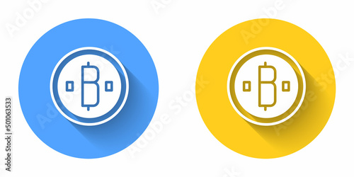 White Cryptocurrency coin Bitcoin icon isolated with long shadow background. Physical bit coin. Blockchain based secure crypto currency. Circle button. Vector