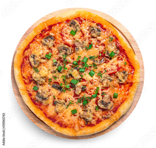 Pizza with mushrooms, tomatoes, cheese and herbs is isolated on a white background. Top view