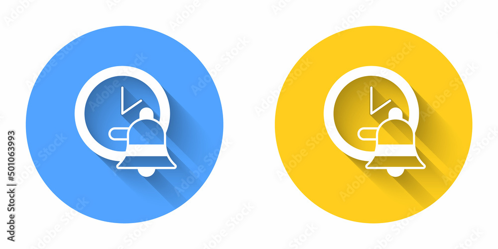 White Alarm clock icon isolated with long shadow background. Wake up, get up concept. Time sign. Circle button. Vector White Alarm clock icon isolated with long shadow background. Wake up, get up concept. Time sign. Circle button. Vector