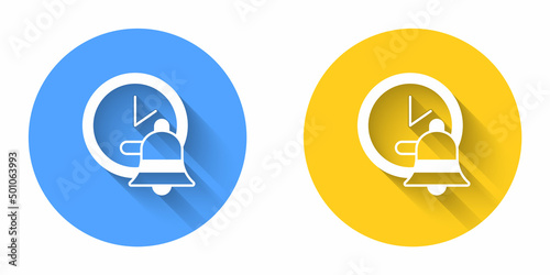 White Alarm clock icon isolated with long shadow background. Wake up, get up concept. Time sign. Circle button. Vector