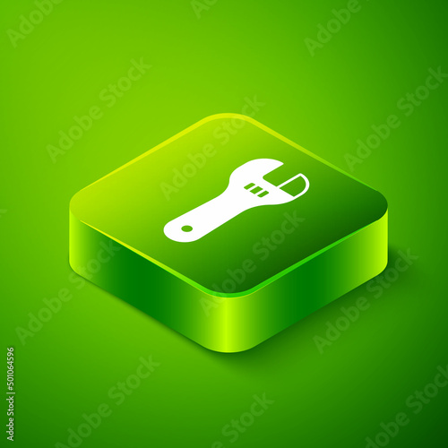 Isometric Adjustable wrench icon isolated on green background. Green square button. Vector