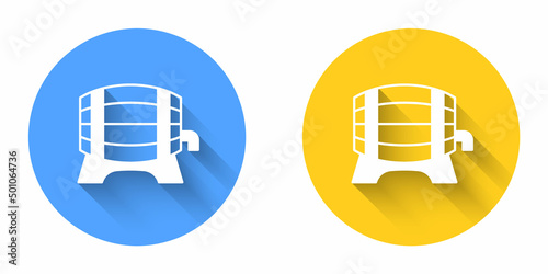 White Wooden barrel on rack with stopcock icon isolated with long shadow background. Circle button. Vector