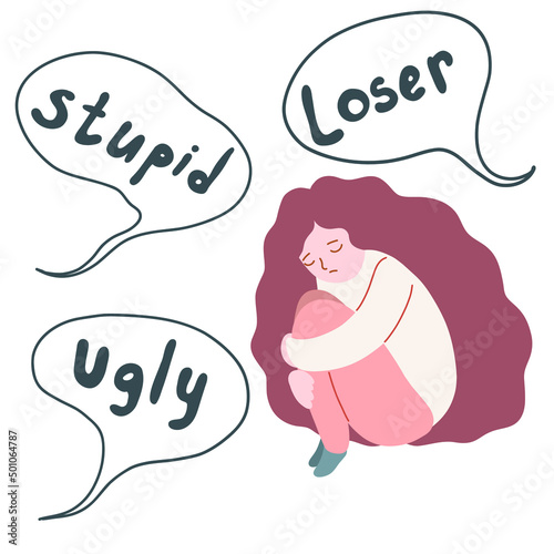 Bullying, threats, self doubt, insults of young person. Internet Bullying, Insecurity. Sad lonely crying girl is sitting, hugging her knees. Mental disorder, complexes, shyness. Vector cartoon.