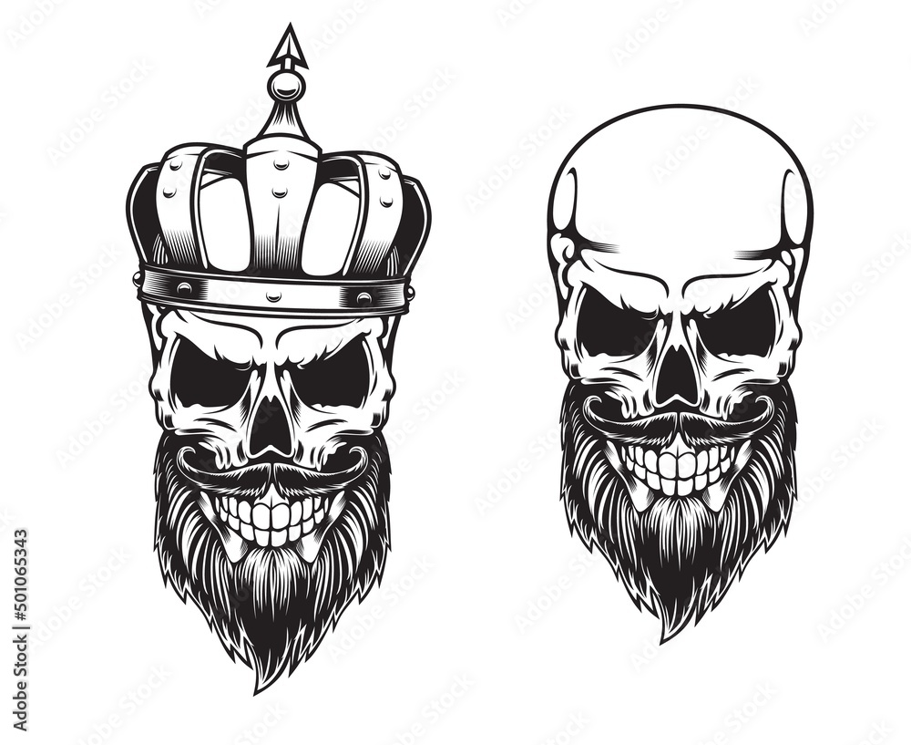Bearded skull in crown, tattoo of vector dead king skeleton head with black  beard and mustache, evil smile and medieval royal crown. Isolated  monochrome crowned human skull t-shirt print or tattoo Stock