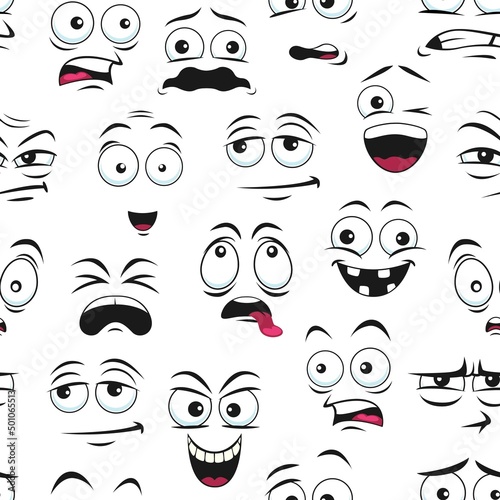 Cartoon face expression pattern, funny smile eye and mouth characters, vector background. Happy cute and sad facial emotions and face expression emoticons, doodle pattern of comic emoji