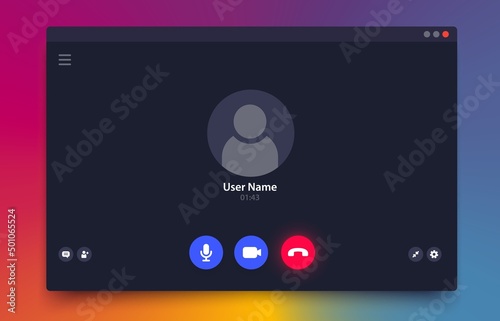 Videocall interface, vector ui of video chat call screen, laptop, desktop computer and mobile phone app. Online conference or webinar incoming videocall window overlay with user icon and buttons photo