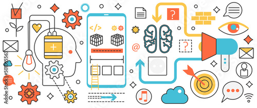 Brainstorming digital technology. Abstract process of work, search and ideas creation by brain, mind vision and light bulb, education challenge in infographic concept banner, thin line art design