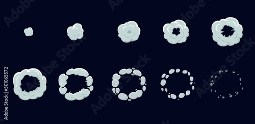 Animated smoke explosion cloud, animation of game sprite, vector cartoon effect. Animated boom and bomb explode blasts with puff and steam or powder smoke explosion shot for comics art animation